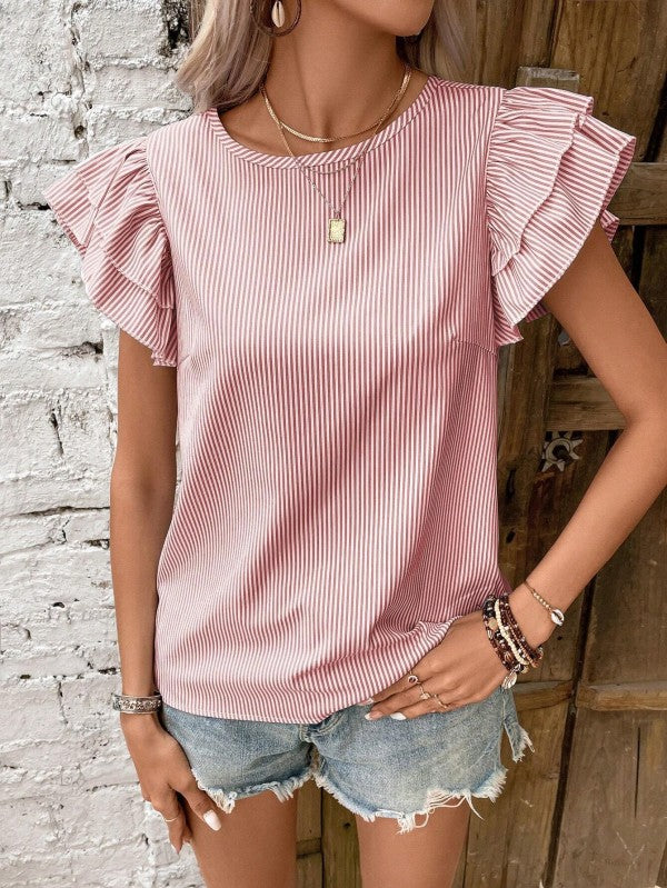 Roselyn - Elegante blusa a righe con scollo rotondo e maniche a volant