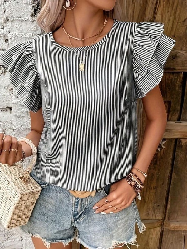 Roselyn - Elegante blusa a righe con scollo rotondo e maniche a volant