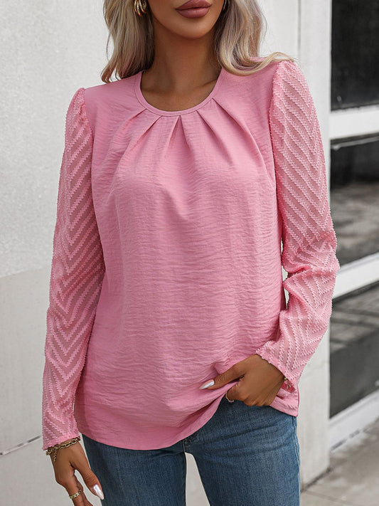 Annalise - Elegante blusa a maniche lunghe svasate con scollo rotondo arricciato
