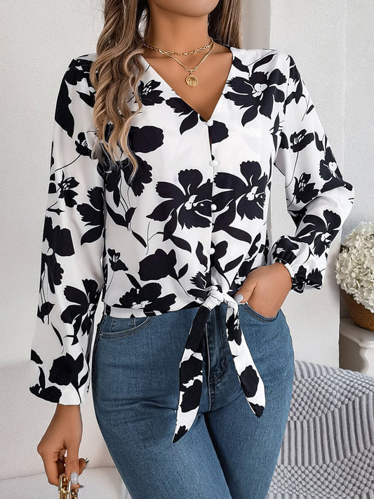 Victoria - Elegante blouse stampata con scollo a V e maniche lunghe