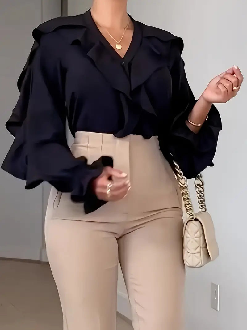 Diana - Elegante camicetta a maniche lunghe con volant e scollo a V