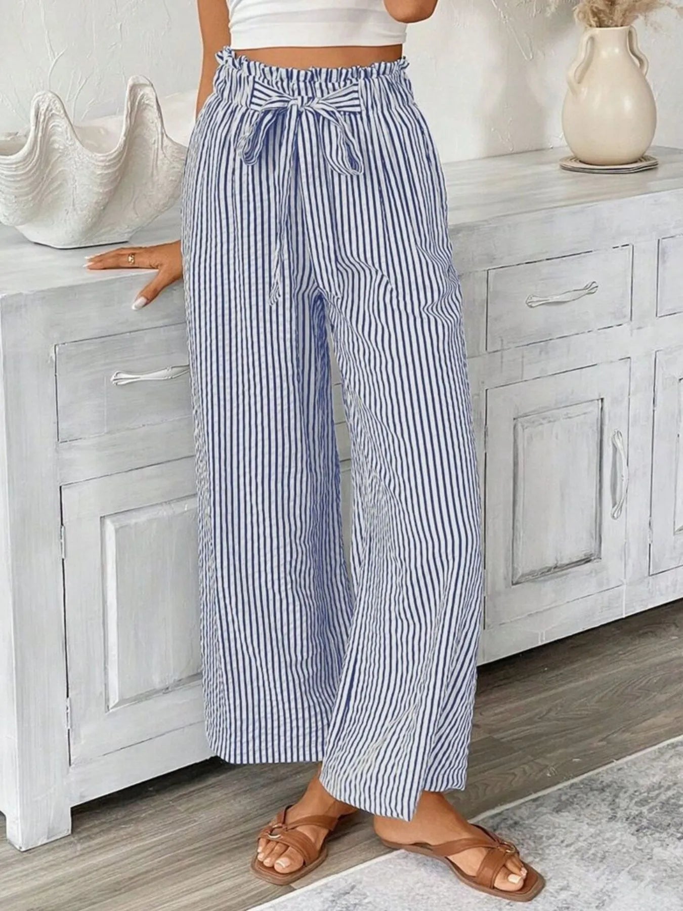 Candy - Eleganti pantaloni a righe a gamba larga e vita alta