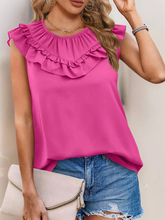 Maddison - Blusa casual senza maniche con scollo rotondo e volant