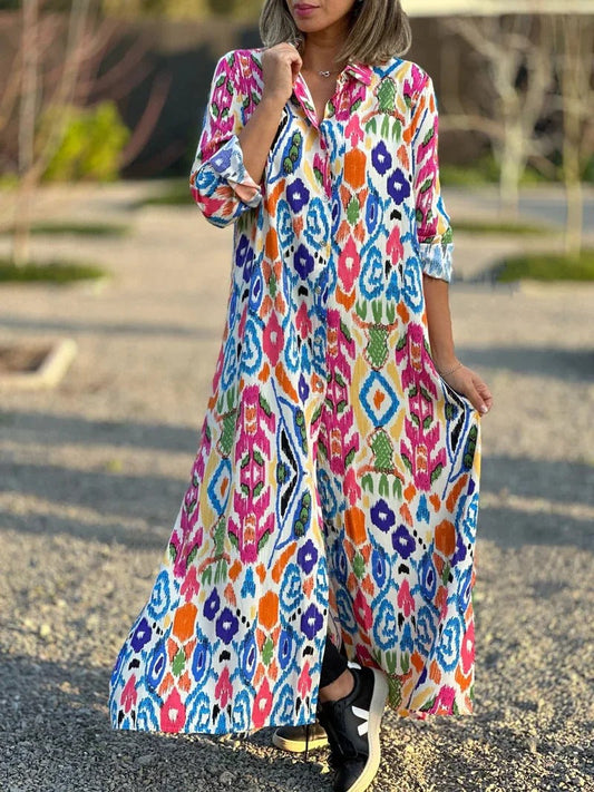 Jamella – Elegante Maxi Abito a Maniche Lunge con Stampa Etnica