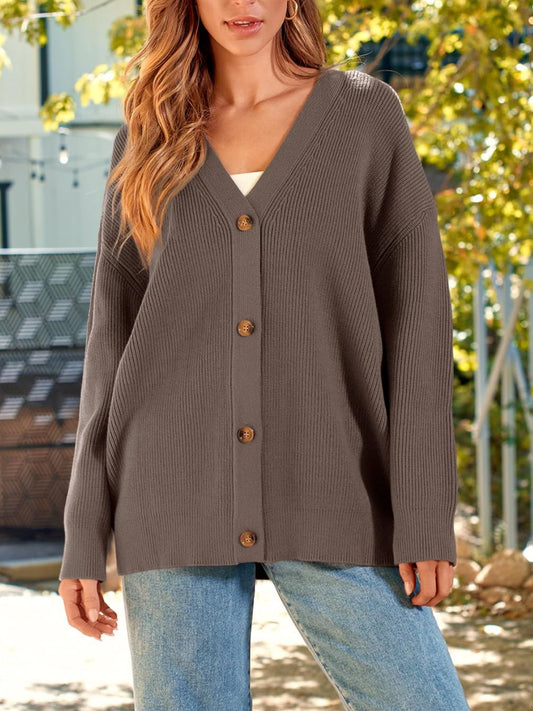 Brianna - Cardigan in maglia a costine con bottoni e maniche lunghe
