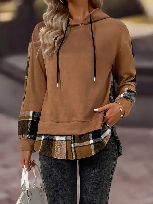 Emmeline - Top casual con cappuccio a maniche lunghe a quadri per donna