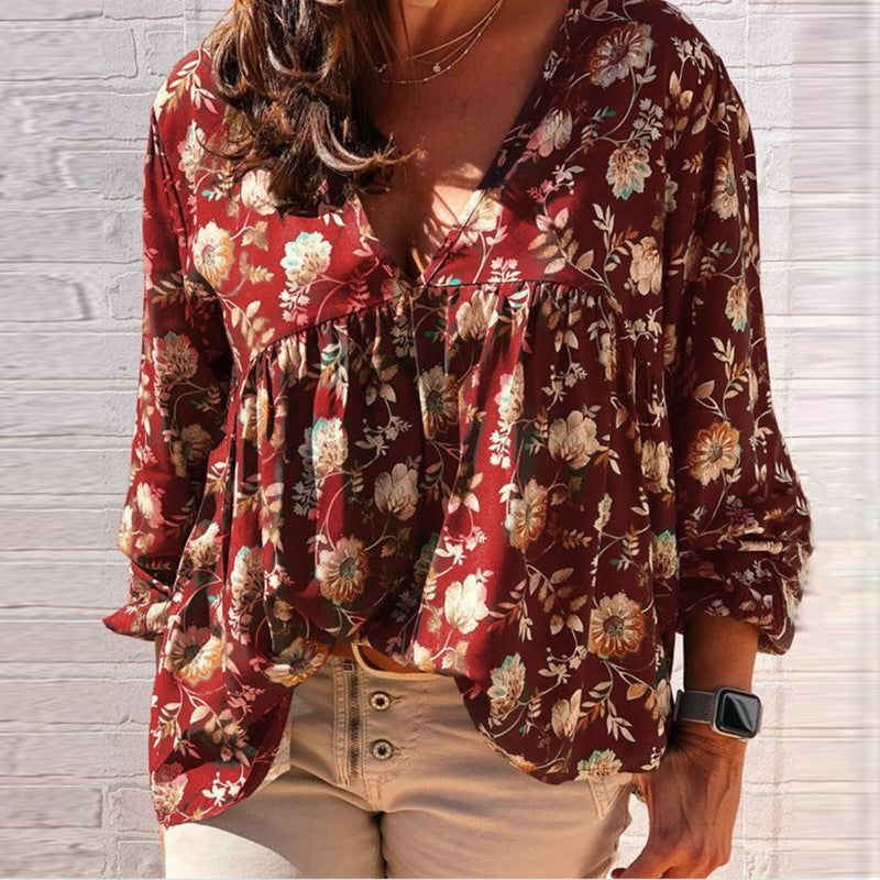 Dariana - Elegante blusa a maniche lunghe con scollo a V e stampa floreale