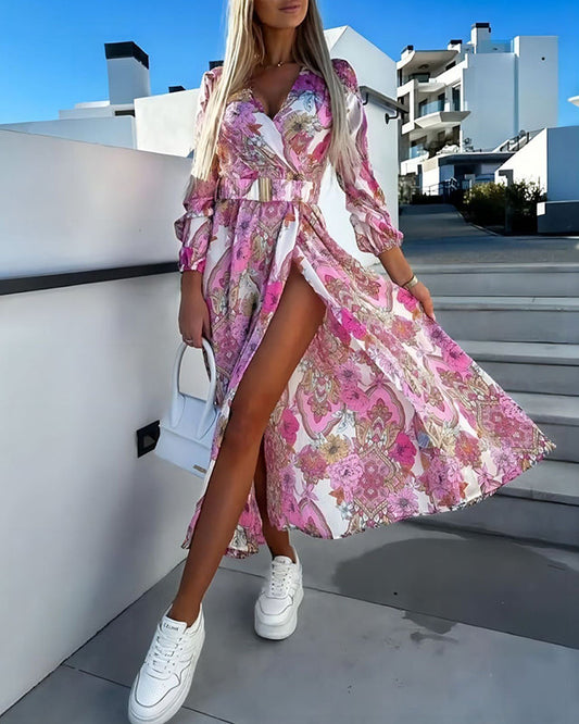 Vestito midi primaverile a maniche lunghe con motivo floreale Paisley