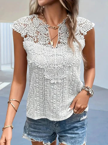 Katie - Top elegante in pizzo con scollo a V e maniche corte