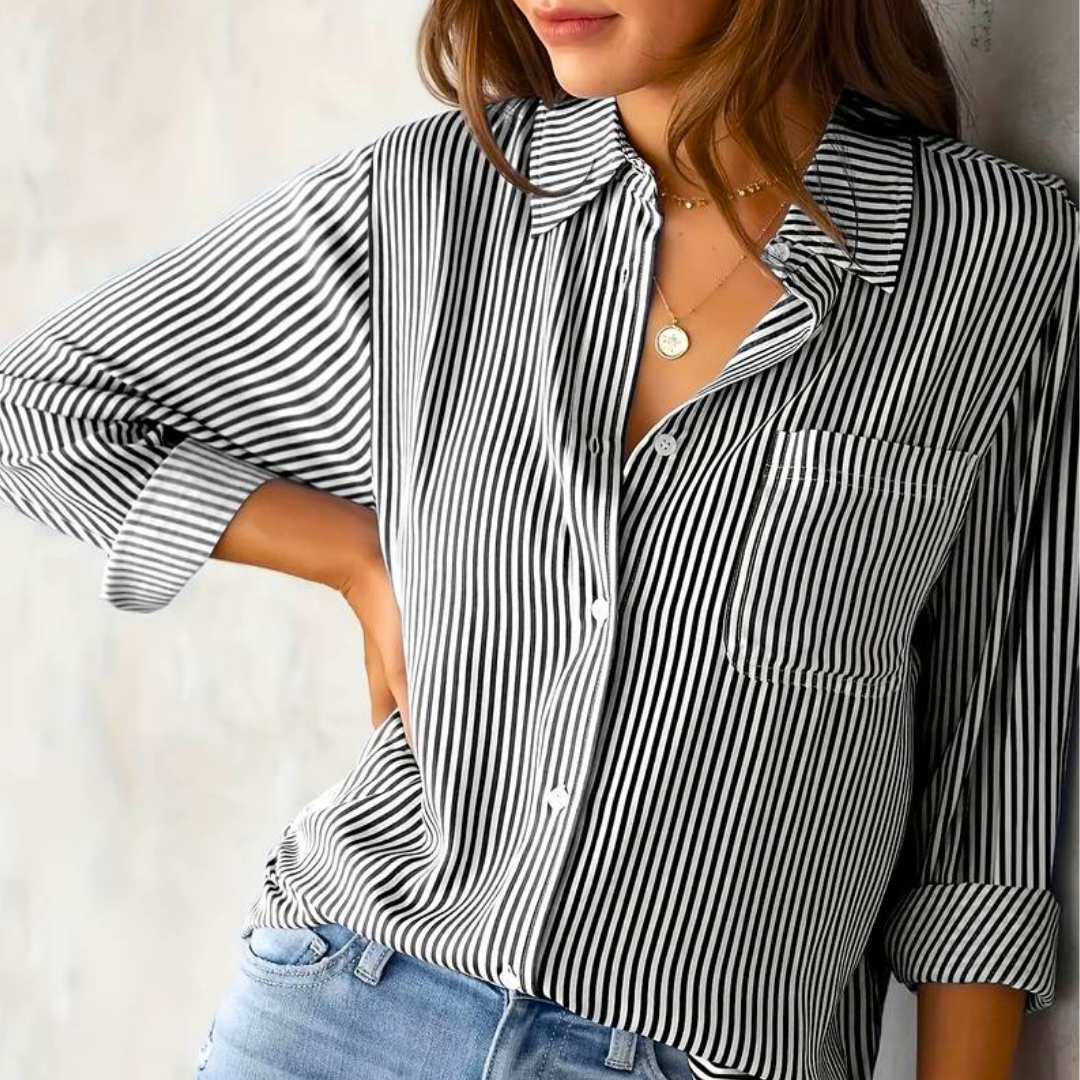 Nyanna - Elegante blusa polo a righe con bottoni