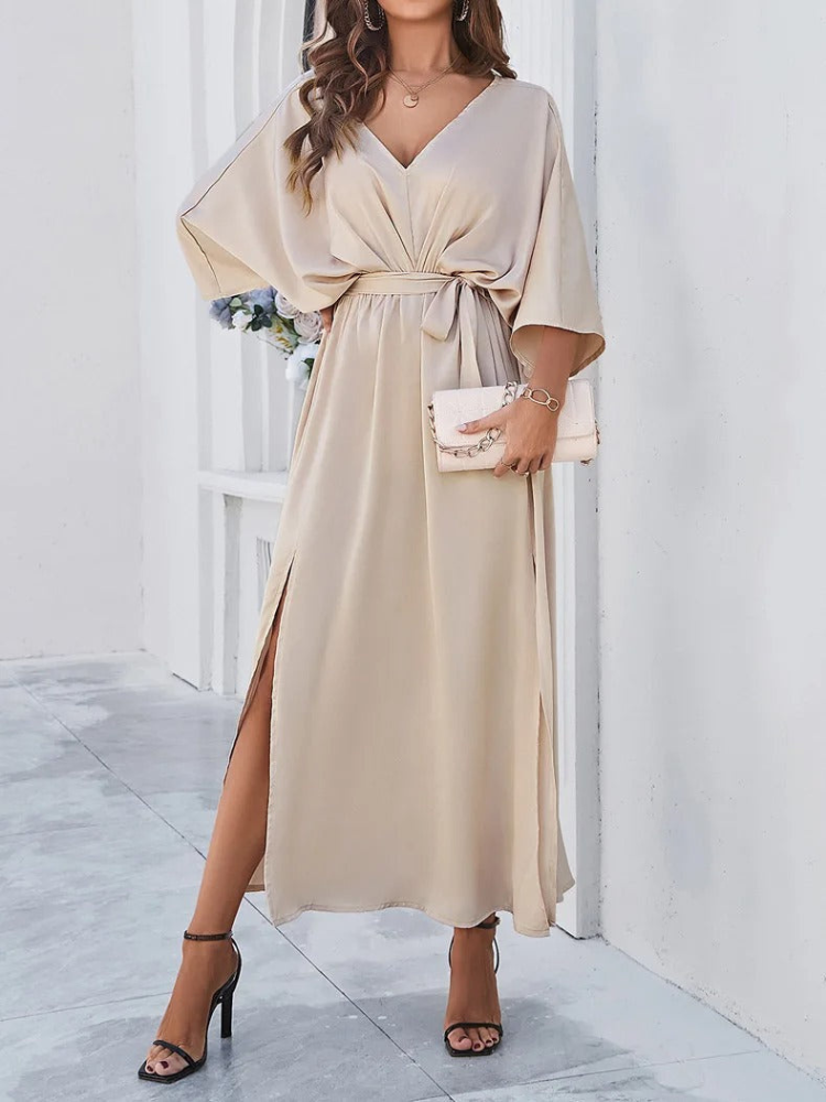 Marianna - Abito lungo con maniche pipistrello ed elegante scollo a V