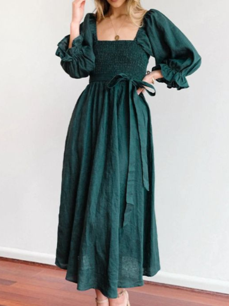 Liza - Elegante abito con maniche a sbuffo, volant e cintura regolabile