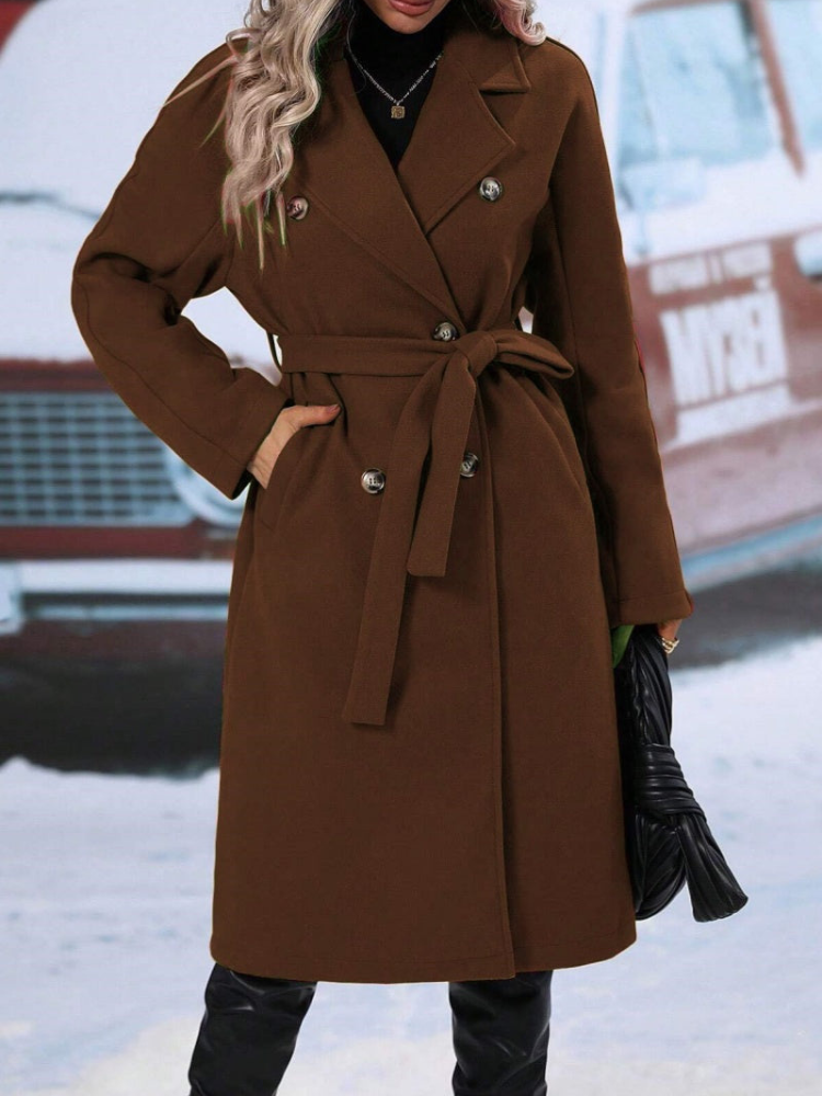 Winette - Elegante cappotto lungo doppiopetto con cintura