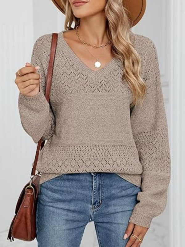 Gabby - Maglione casual a maniche lunghe con scollo a V e lavorazione traforata