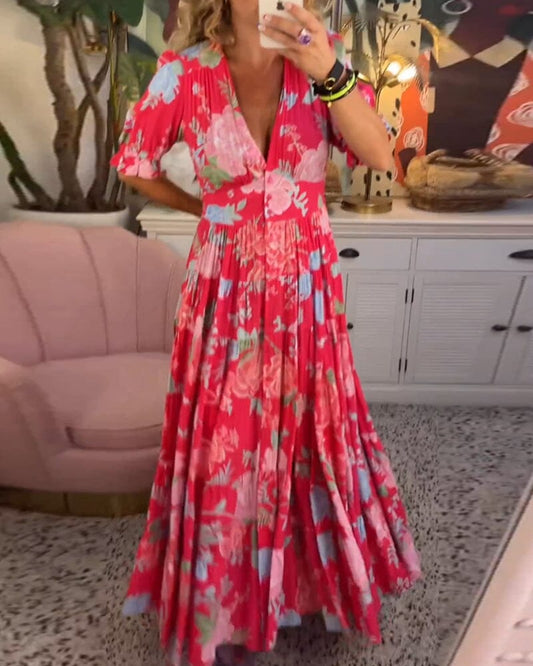 Vannessa - Elegante Vestito Lungo Floreale con Scollo a V Profondo