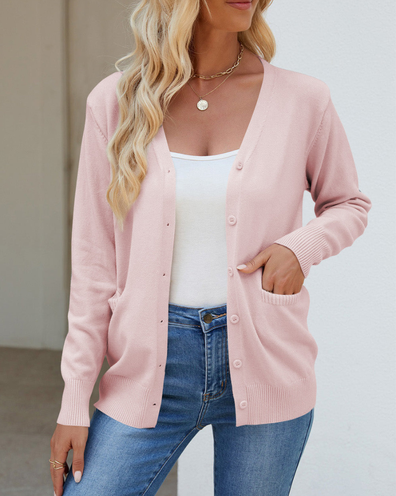 Bessie - Cardigan maniche lunghe con bottoni, scollo a V e tasche