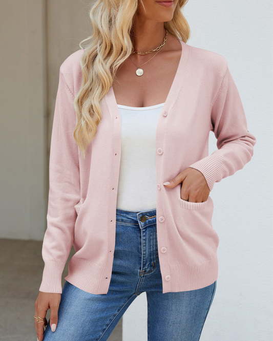 Bessie - Cardigan maniche lunghe con bottoni, scollo a V e tasche
