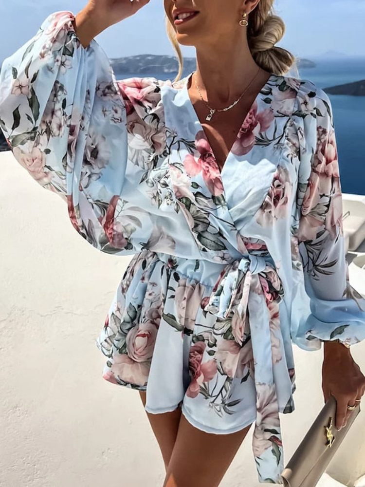 Merryn - Elegante top stampato a maniche lunghe con scollo a V e completo corto estivo