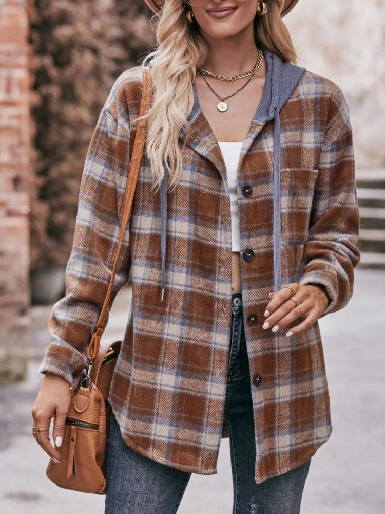 Lyraelle - Giacca oversize a quadri con cappuccio e bottoni