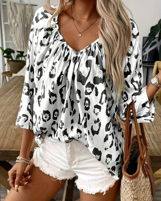 Xylaine - Elegante Blusa Larga con Scollo a V e Stampa Leopardata