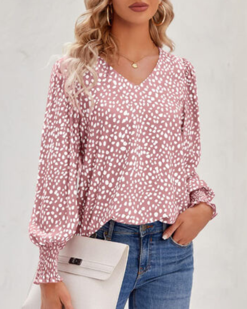 Maureen - Elegante camicetta stampata con scollo a V e maniche a sbuffo