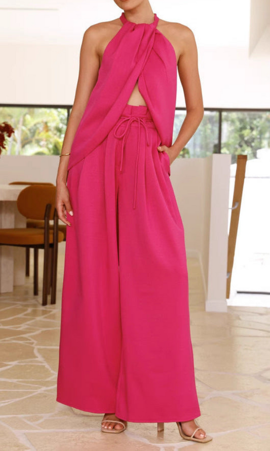 Rose - Elegante completo con top halter senza maniche e pantaloni a vita alta