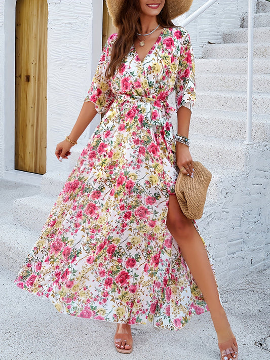 Sabine - Elegante abito lungo floreale a mezza manica