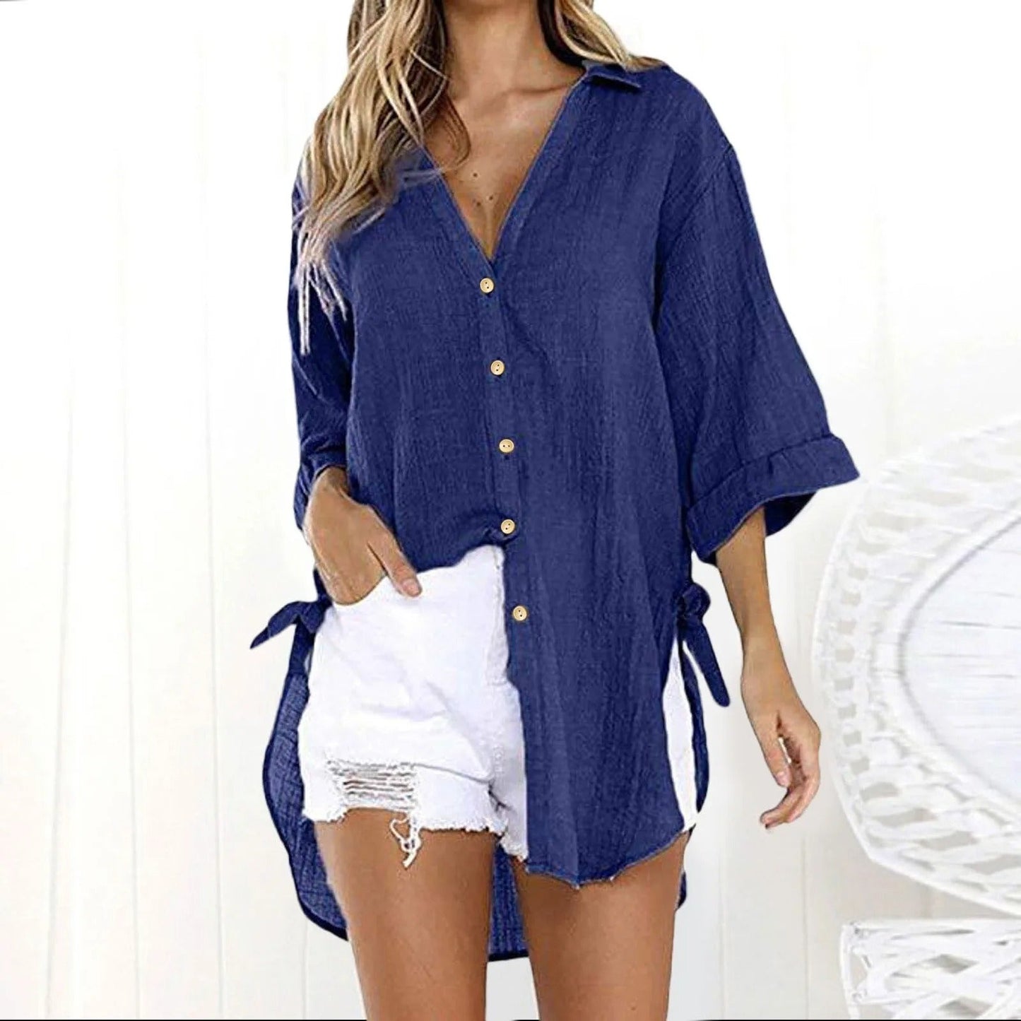Karmella - Blusa casual ampia con bottoni e scollo a V