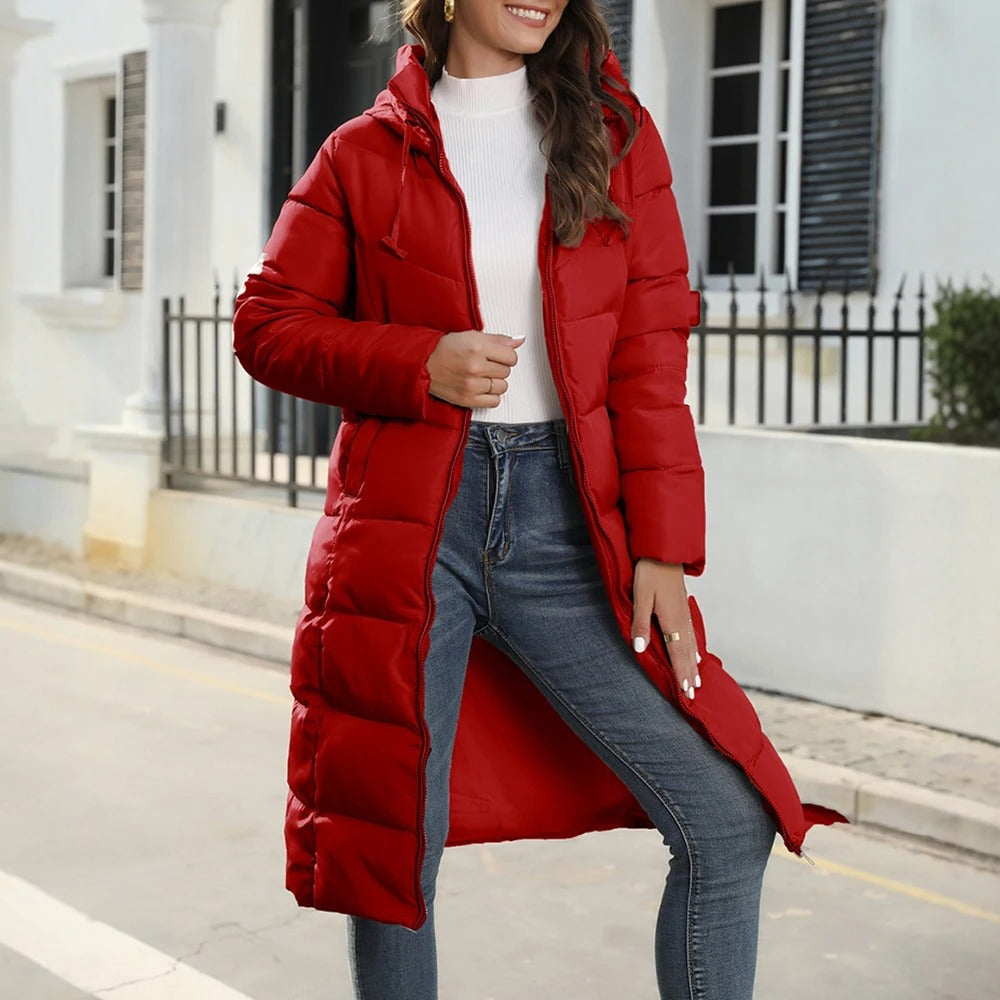 Quinnette - Giacca lunga con cappuccio, trapuntata e calda in stile casual