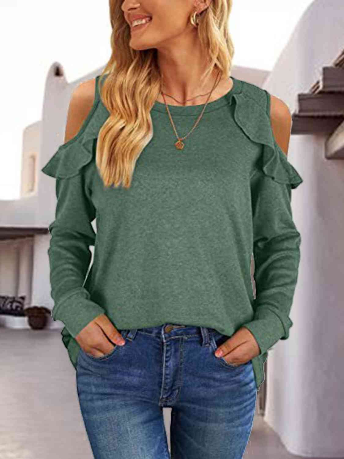 Scarlett - Blusa casual a maniche lunghe con scollo tondo, volant e spalle scoperte