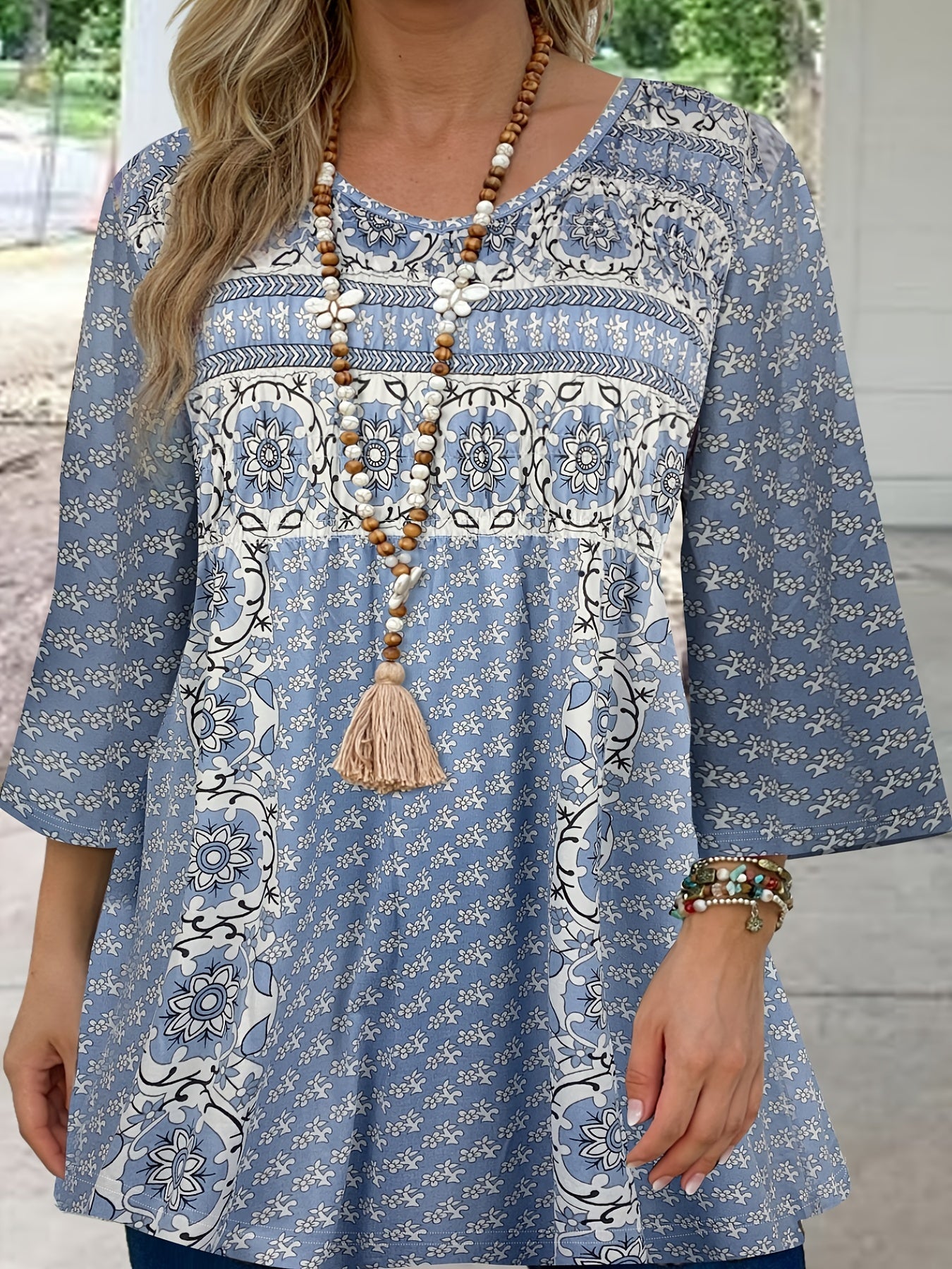 Patrisha – Elegante blusa ampia a mezza manica con stampa boho