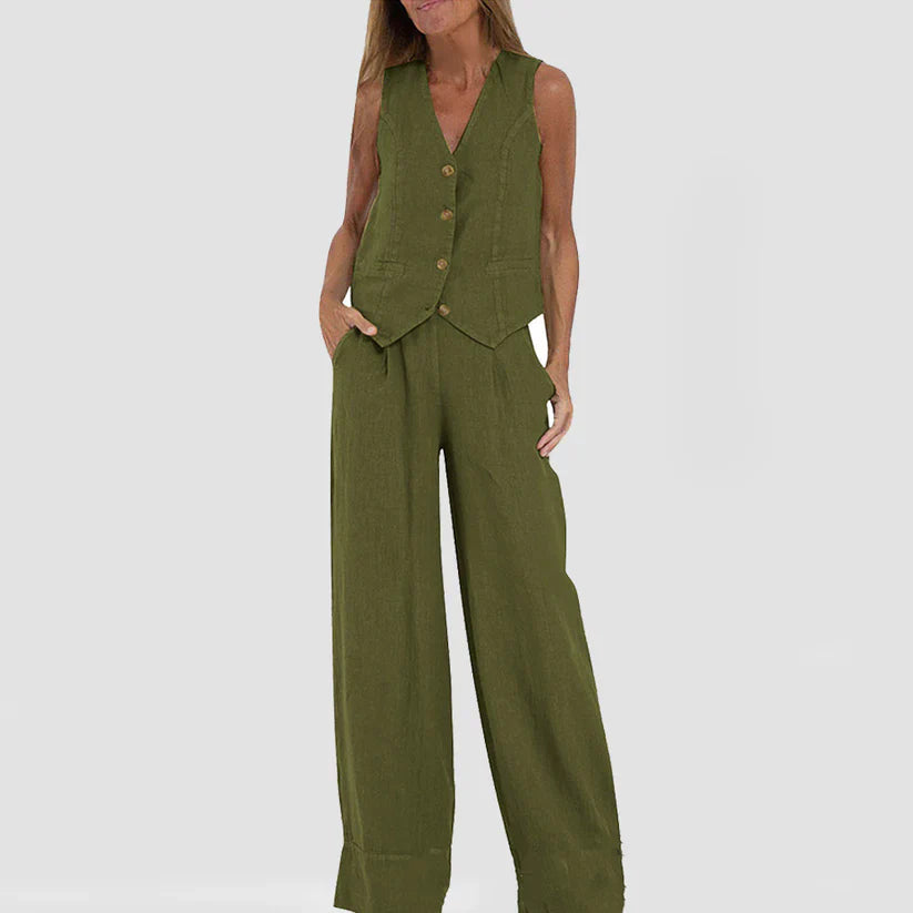Hilda - Elegante set di pantaloni con gilet a gamba larga in cotone e lino