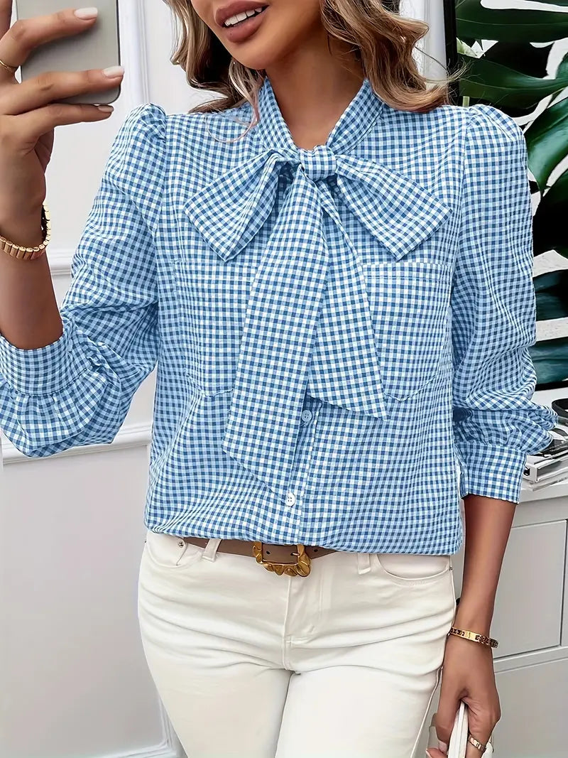 Esther - Elegante camicetta a quadri con papillon