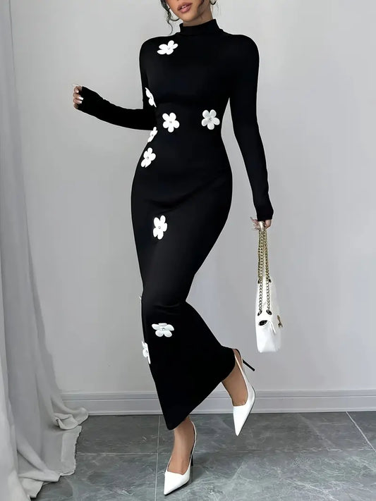 Theodora - Elegante abito attillato con motivo floreale e collo alto