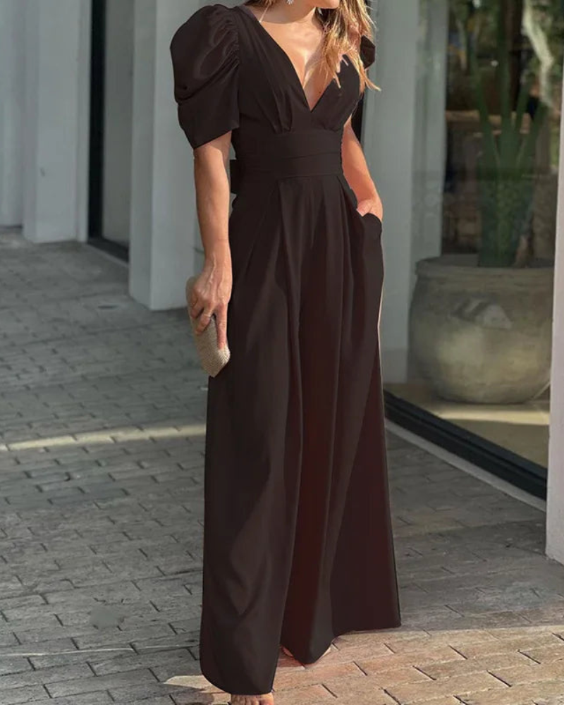 Fenella - Elegante Tuta Fluida con Maniche Corte e Scollatura a V Profonda