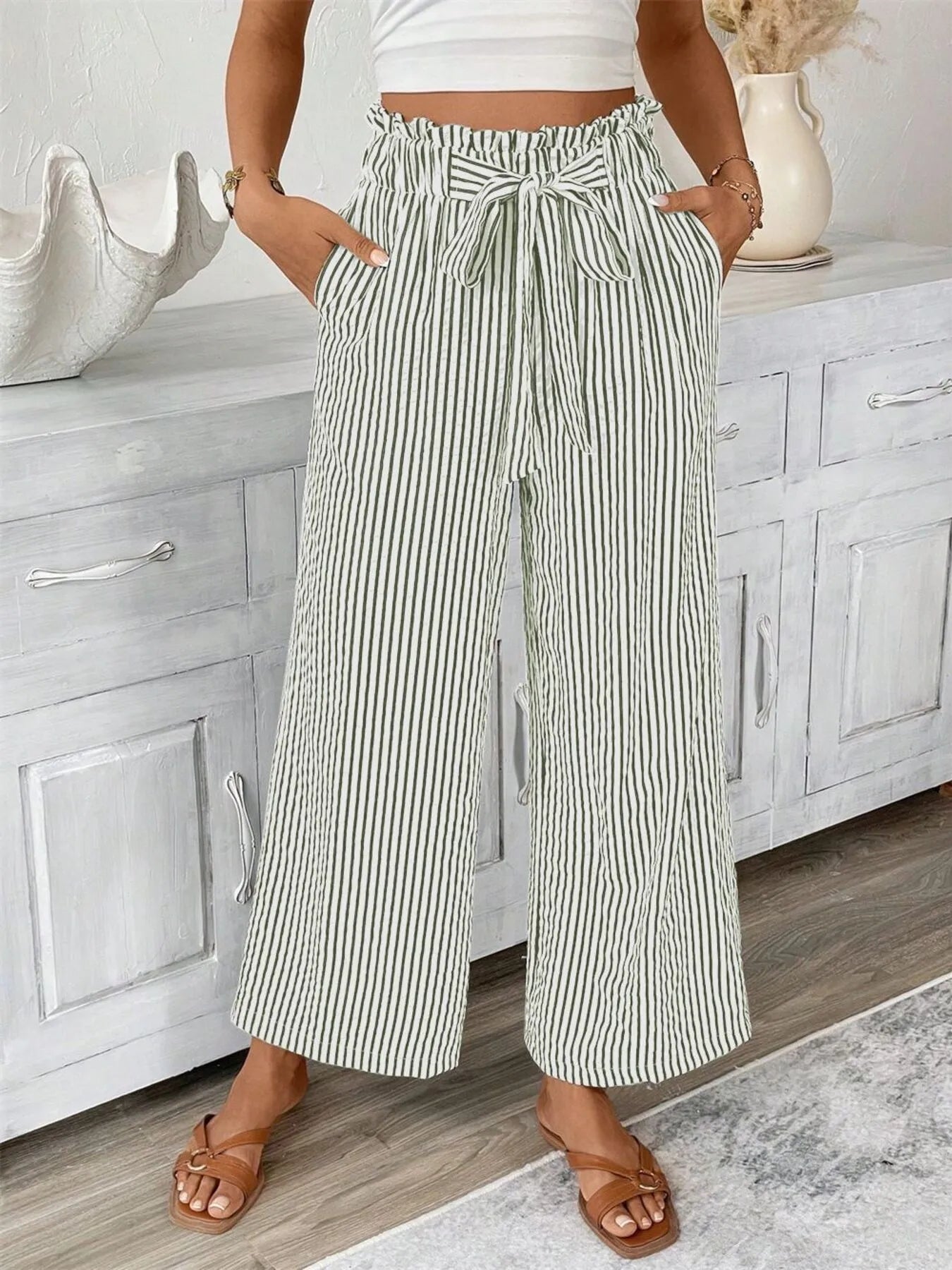 Candy - Eleganti pantaloni a righe a gamba larga e vita alta