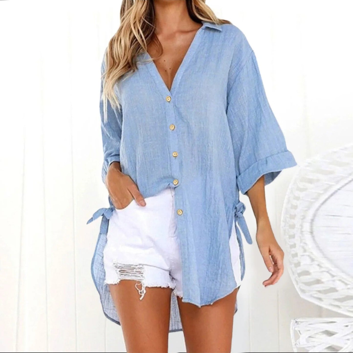 Karmella - Blusa casual ampia con bottoni e scollo a V