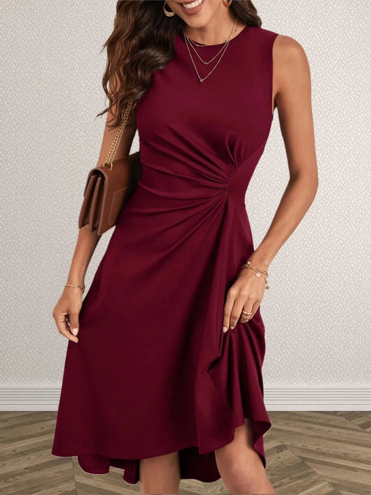Valentina - Elegante vestito senza maniche con scollo rotondo e arricciature