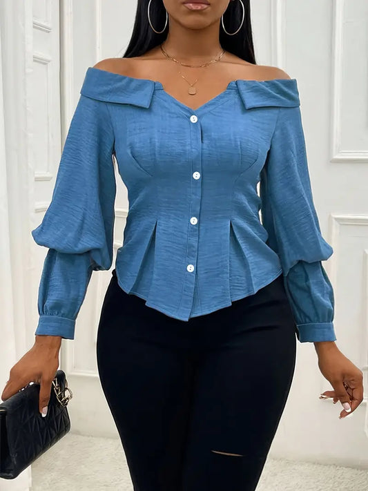 Mabel - Elegante top in denim a maniche lunghe con spalle scoperte