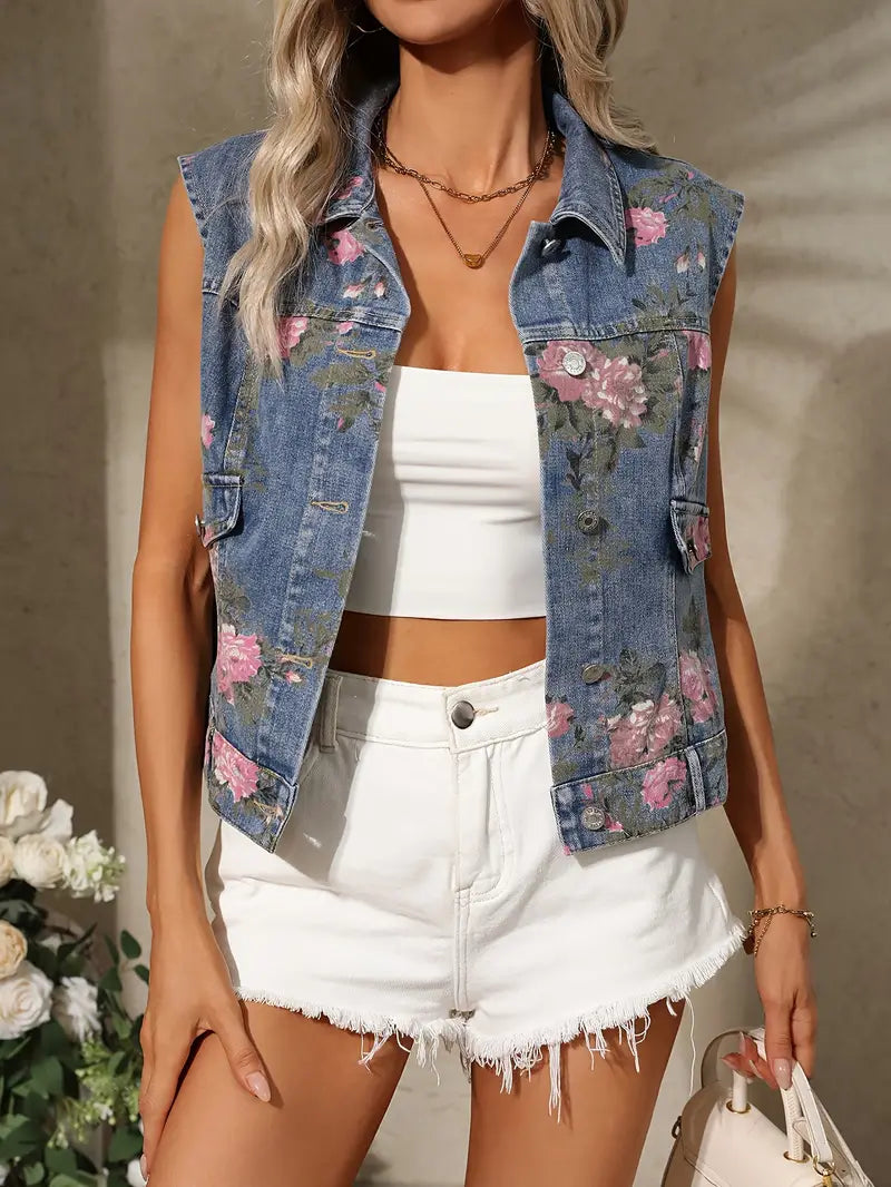 Edith - Gilet in denim da donna con stampa floreale e senza maniche
