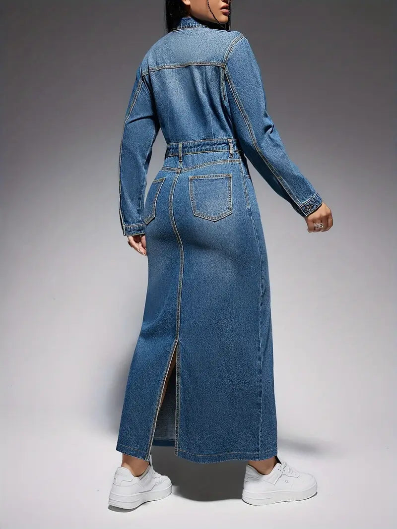 Lydia - Elegante abito a maniche lunghe in denim look per donna