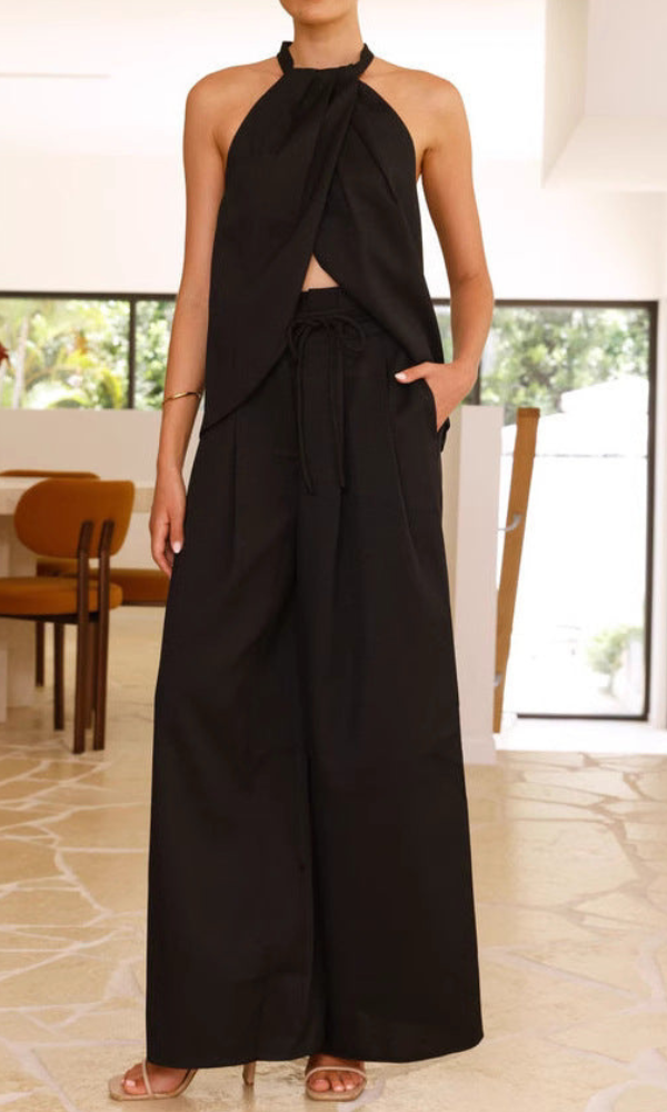 Rose - Elegante completo con top halter senza maniche e pantaloni a vita alta