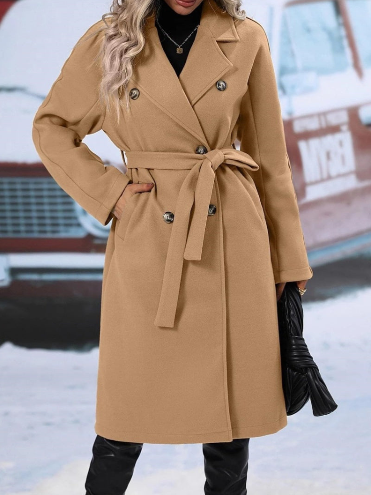 Winette - Elegante cappotto lungo doppiopetto con cintura