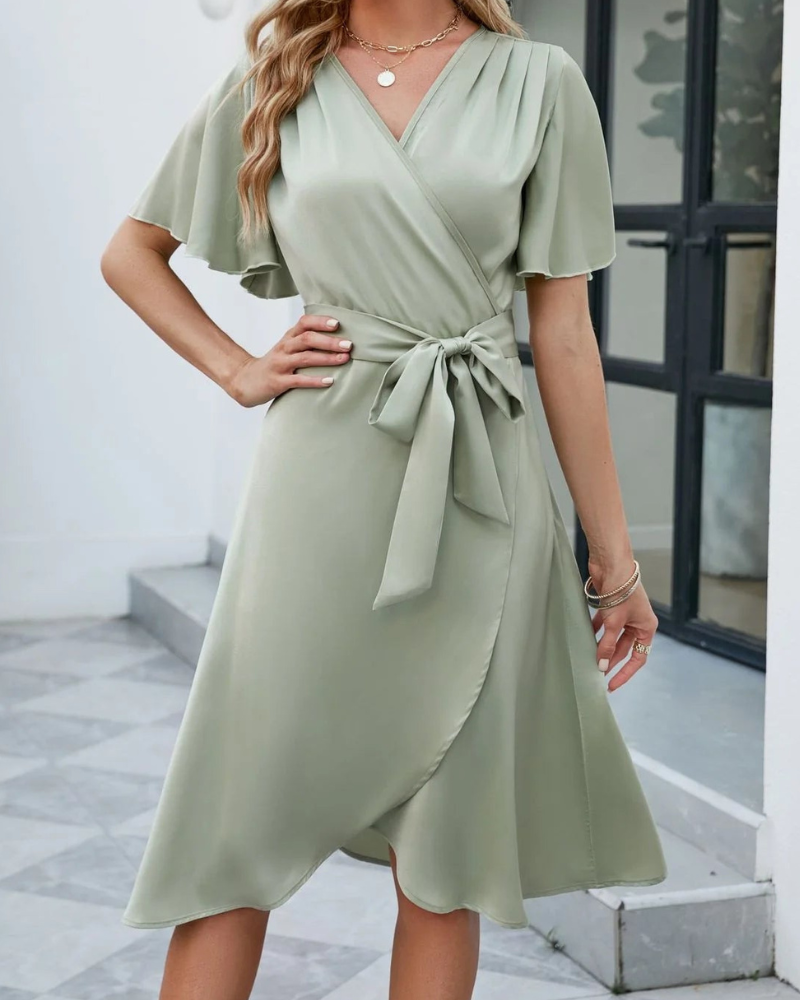Athena - Elegante abito svasato a maniche corte con scollo a V e cintura da annodare