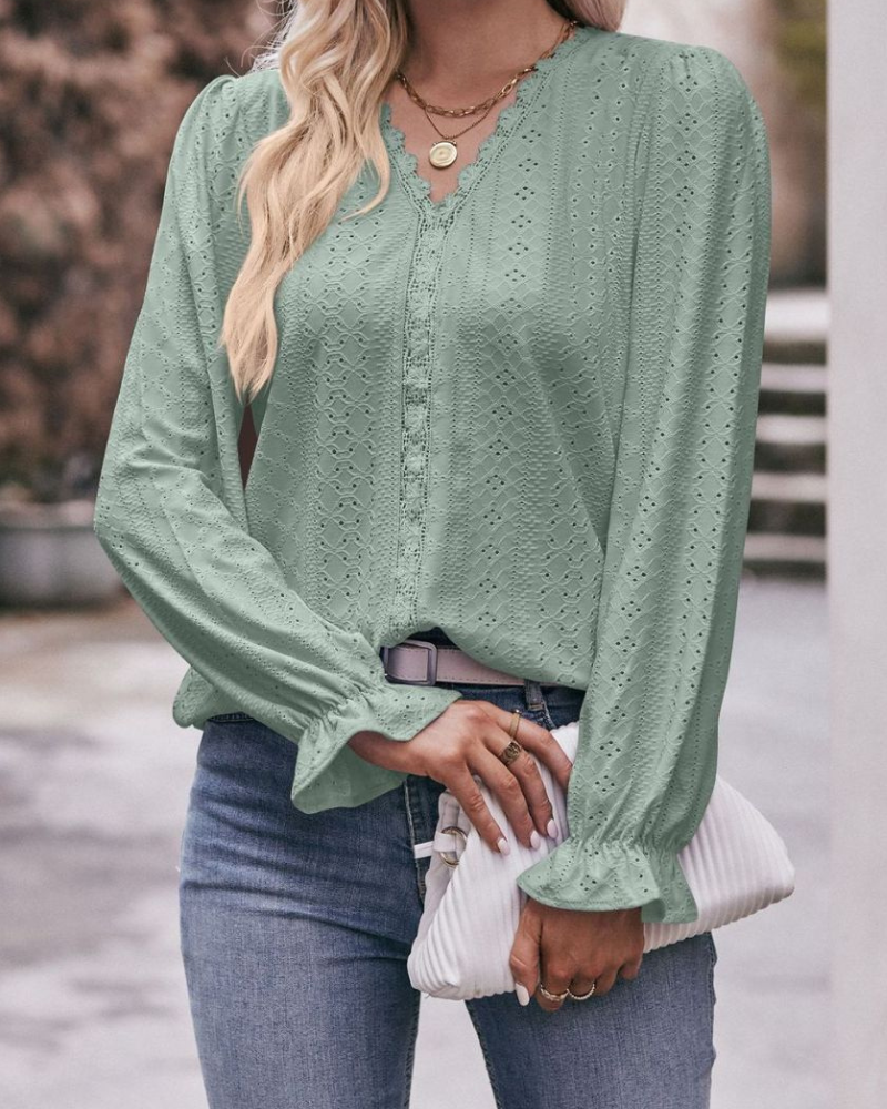 Rhea - Camicetta elegante con scollo a V e maniche con volant