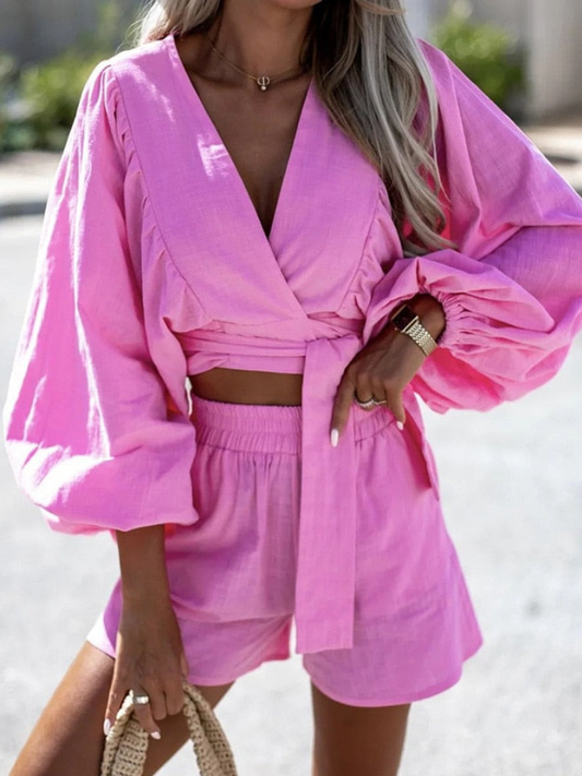 Francine - Completo estivo con top a maniche lunghe, scollo a V, fiocco e pantaloncini