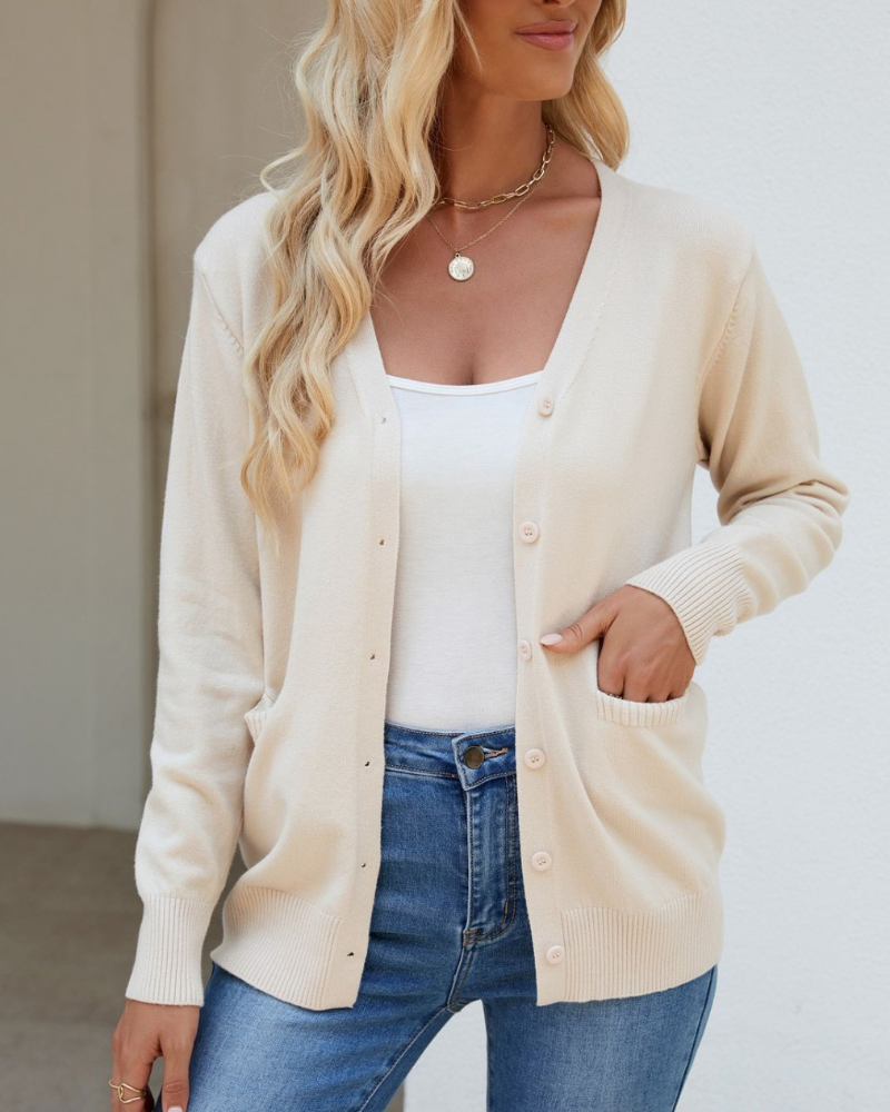 Bessie - Cardigan maniche lunghe con bottoni, scollo a V e tasche