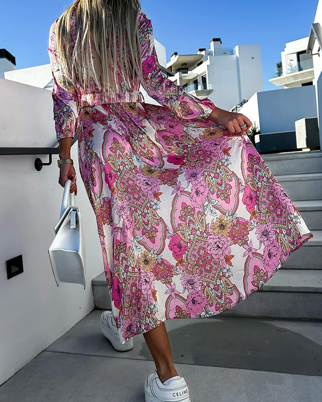 Vestito midi primaverile a maniche lunghe con motivo floreale Paisley