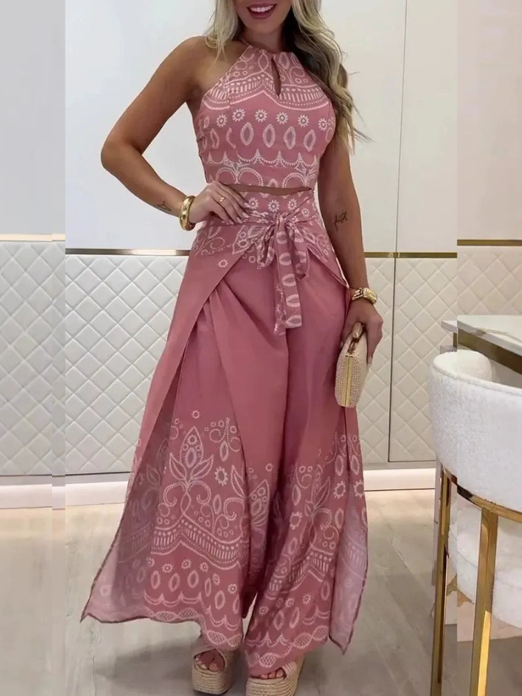 Darlynn - Completo elegante con top corto stampato e pantaloni ampi