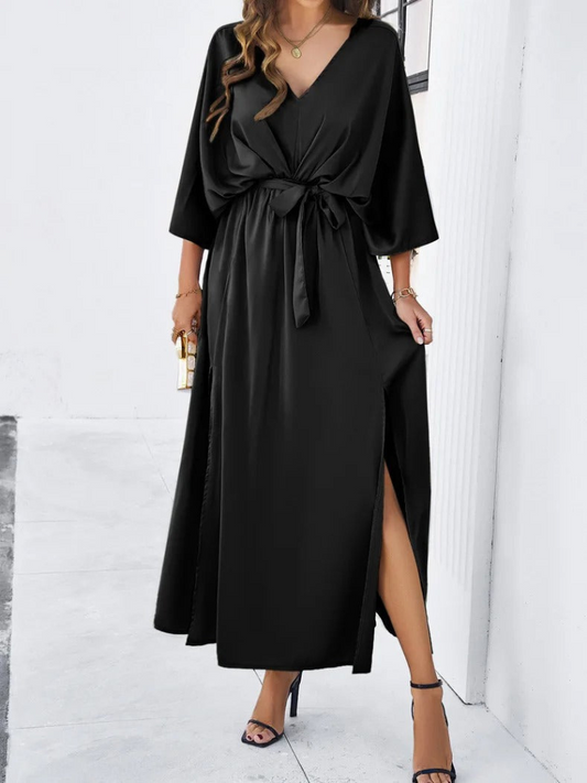 Marianna - Abito lungo con maniche pipistrello ed elegante scollo a V